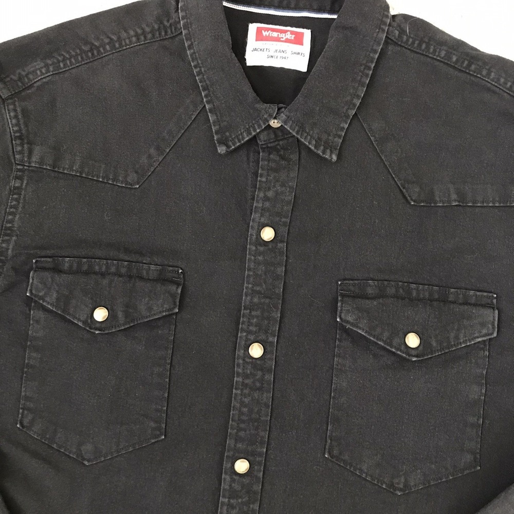Wrangler Black Denim Shirt Pearl Snap Mens Large Dark Wash Western Yoke Rodeo - Picture 6 of 14